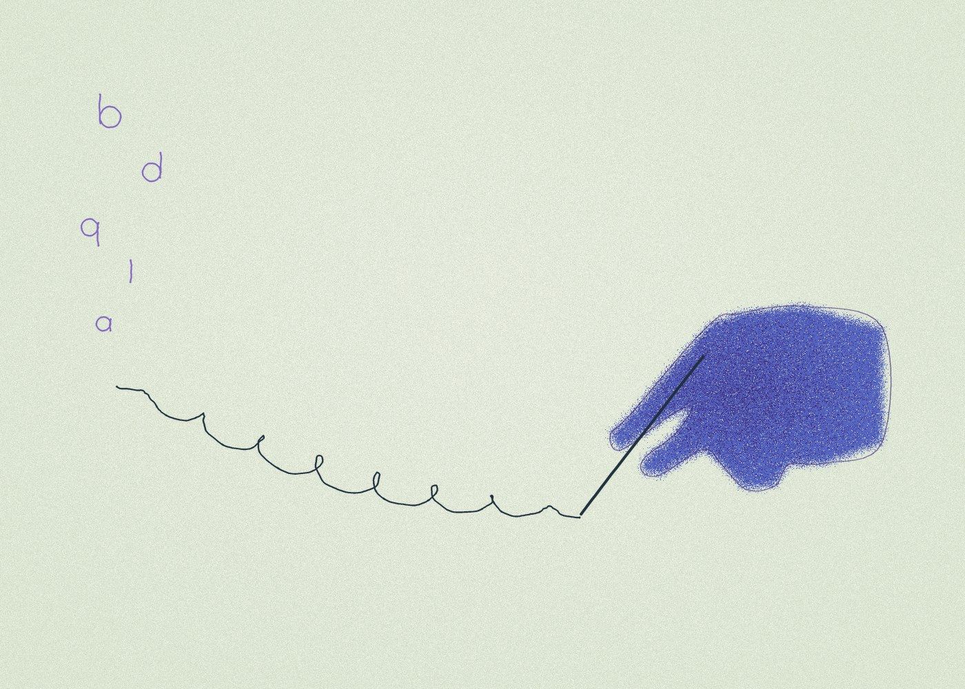 Una mano azul que escribe una línea de bucles; arriba flotan las letras b, d, q, l y a.